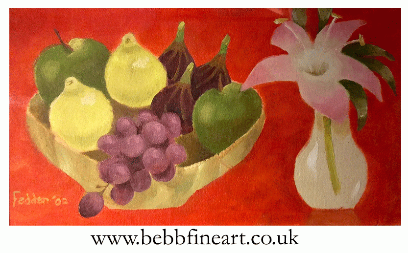 Still life with bowl of fruit and lily