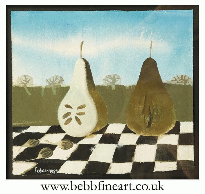 Still life study of fruit on a chequered cloth