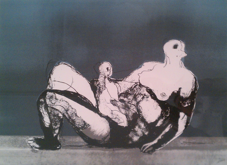 Reclining Mother and Child with Blue Background