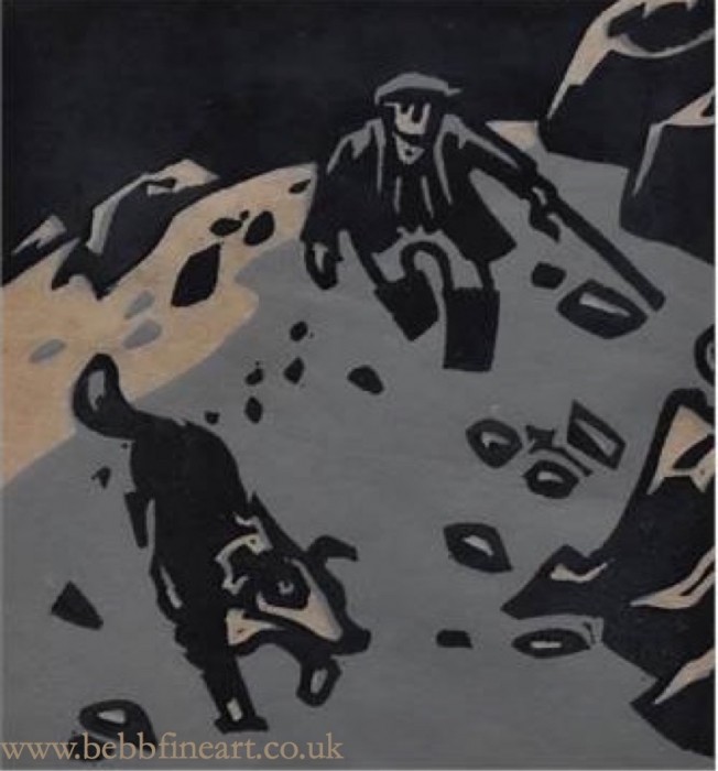 Shepherd in snow with dog